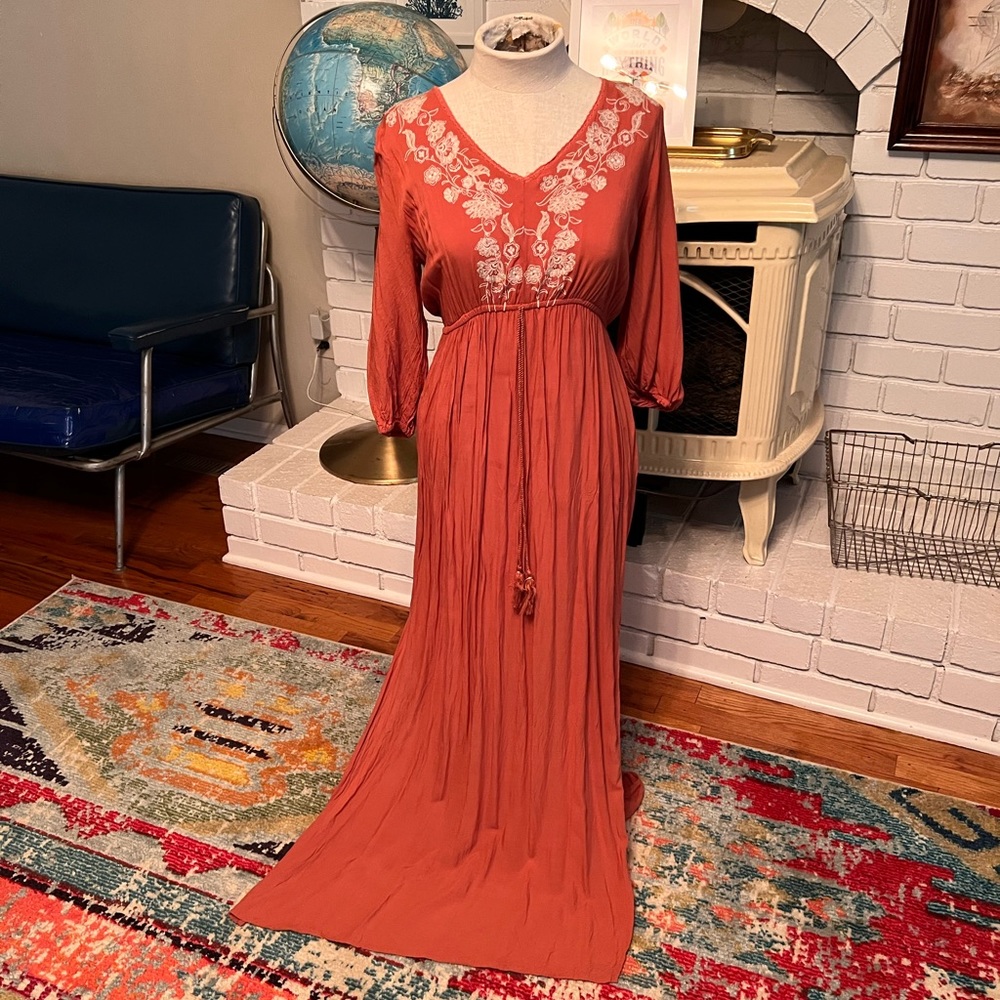 Blue Rain Small Burnt Orange Embroidered Maxi Dress